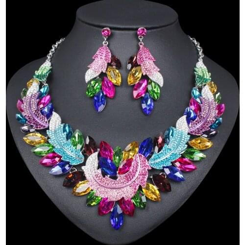 Luxury Multi-color Crystal Necklace and Earrings Sets Indian Bridal Jewelry Sets Party Wedding Leaves Costume Accessories Women