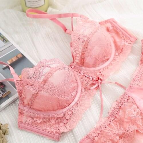 Pink Ultra-Thin Lace Bra And Panty Sets For Women Plus Size Underwire Push Up Transparent Underwear Sexy Lingerie A B C D E Cup