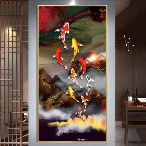 Needlework,DIY Nine fish Map Printed princess Goldfish Cross stitch,Sets For Embroidery kit Full embroidery Koi Cross-Stitching