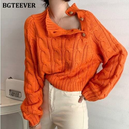 BGTEEVER Stylish Turtleneck Buttons Loose Women Sweater Jumpers Casual Full Sleeve Female Solid Twist Knitted Pullovers 2020