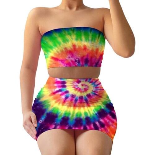 Women Dress Sets Summer Fashion Tie Dye Swirl Print Bandeau Tube Top Mini Bodycon Skirt Outfit Summer dress юбки для женщин 2021