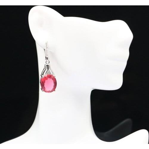 38x12mm SheCrown Beautiful Created Pink Tourmaline White CZ Womans Gift Silver Earrings