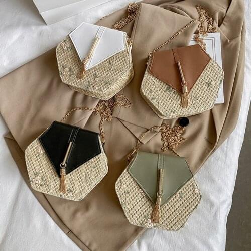 Retro Women PU Woven Handbag Lace Flower Chain Hexagon Tassel Flap Messenger Bag Fashion Cell Phone Crossbody Bag