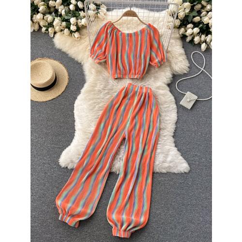 Bohemian Women Striped Two Piece Set Sexy Slash Neck Puff Short Tops + High Waist Casual Loose Pants Purple/Orange Draped Suit
