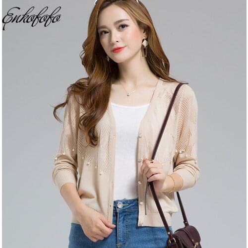 Summer Fashion Women Cardigan Sweater 2019 Pink Casual Long Sleeve Knitted Cardigan Pearls Hollow Short Cardigans Sweater Coat