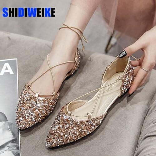 Women Luxury Rhinestone Ballet Flats Cross-Tied Lace Up Flat Shoes Woman Crystal D'orsay Wedding Shoes Glitter Mules Size 43