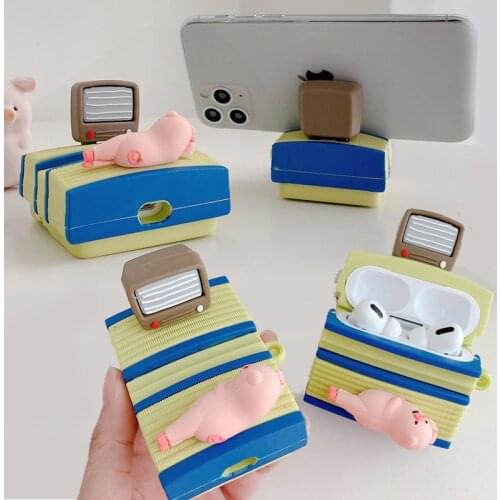 For Airpods Pro 3D Cute Cartoon Watching TV Sofa Pig Case for Apple Airpods 1 2 3 Wireless Earphone Cover Mobile Phone Holder