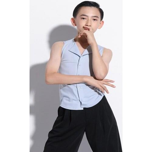 Summer G5056 Sleeveless Kids Latin Dance Tops Deep V Neck Design Male Latin Dancing Top Shirt Cha Cha Ballroom Tango Costume