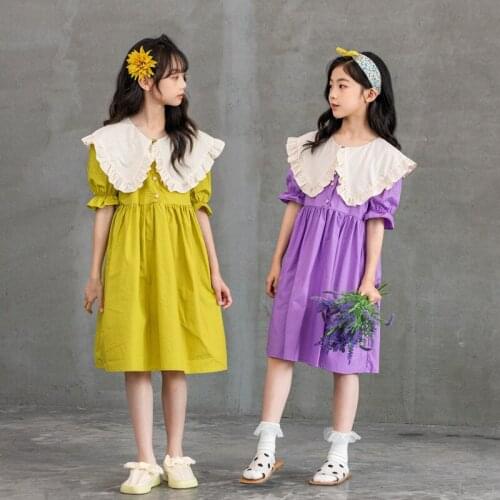 Baby Shirt Dress Cotton 2021 New Summer Girls Ruffles Neck Cute Kids Clothes Teen Dress,#6231