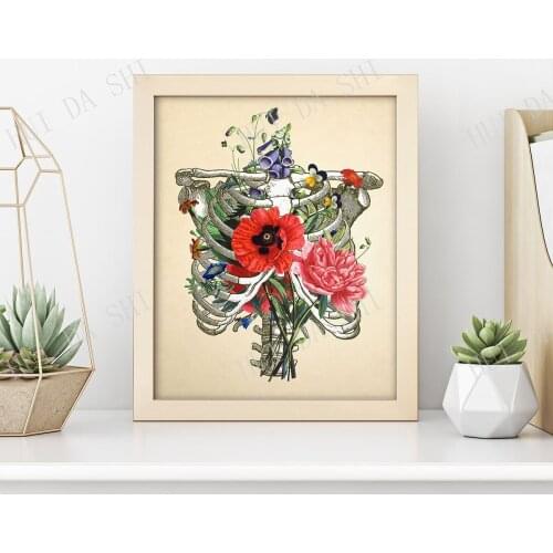 Rib Cage & Flowers Collage • Antique Human Anatomy • Victorian Flower Bouquet • Botanical Wall Art