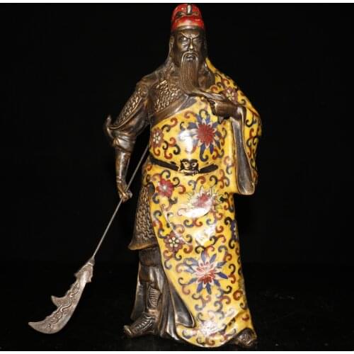 Tibet Temple Collection Old Bronze Cloisonne Enamel Guan Yu Wu Caishen Take Guan Gong Knife Standing like Ornaments Town House