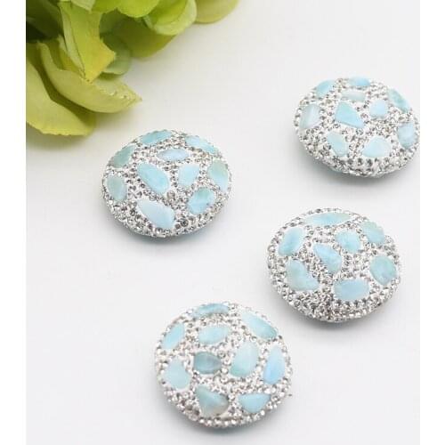 5pcs/lot 20mm High Quality Light Blue Larimar Round Beads Trimmed With Crystal Zircon
