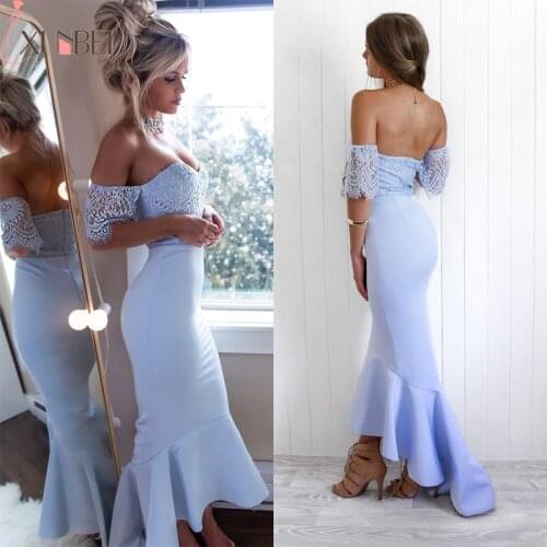 Off Shoulder Mermaid Bridesmaid Dress Lace Ruffles Sexy Elegant Strapless Satin Trumpet Formal Wedding Guest Party Dress