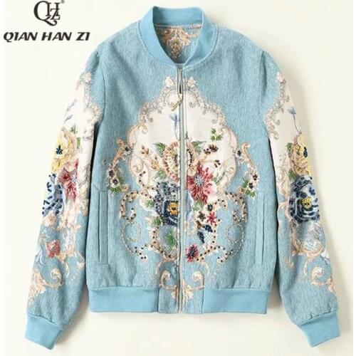 Qian Han Zi designer fashion women jacket Long sleeve Flower jacquard luxury beading winter warm High quality Elegant coat