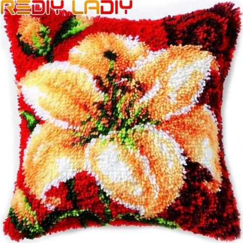 Latch Hook Kits Flowers Lily Cushion Cover Pre-Printed Canvas Yarn Crocheting Crafts Pillow Case Sofa Bed Pillows Home Decor