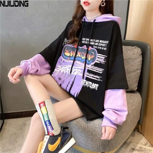 NIJIUDING 2020 Winter New Long Sleeve Loose Fake Two Pieces Hoodies Women Casual Letter Pullovers Drawstring Sweatshirts Female