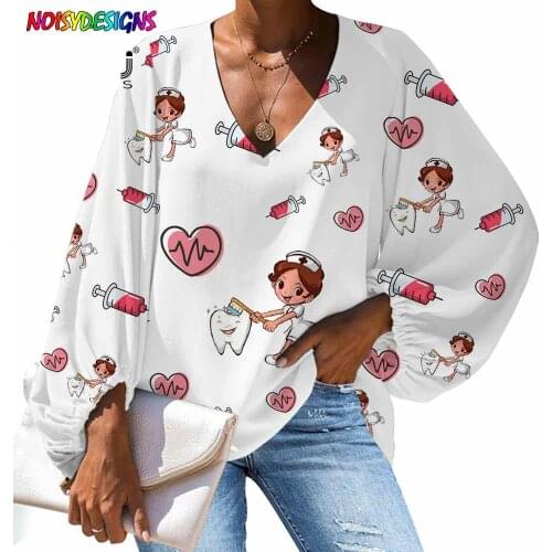 NOISYDESIGNS 2021 Harajuku Shirt Women Nurse Tooth Doctor Cartoon Pattern Blouse Casual Loose V-neck Tops Chiffon Various Color