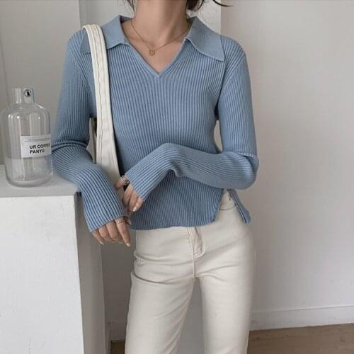 2020 New Fashion Lapel Women Pullover Sweaters Long Sleeve Side Split Zipper Female Knit Tops Casual Knitted Jumpers
