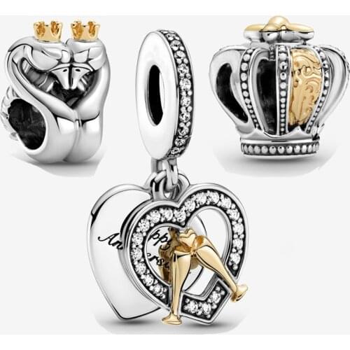 New 925 Sterling Silver Two-Tone Swans & Crown Anniversary Dangle Charm packet Fit pandora Bracelet Charm Set DIY Charm Jewelry
