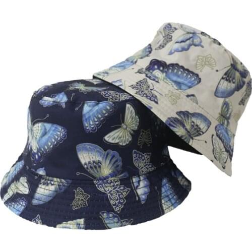 Double Side Fashion Women Butterfly Print Cute Bucket Hat Reversible Fisherman Hat Panama Bucket Cap Outdoor Casual Sun Hat