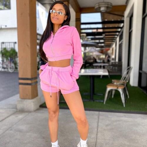Casual Sporty Sweatsuits for Women Two Piece Outfits Zip Up Cropped Hoodies and Shorts Matching Sets Track Suits Ensemble Femme