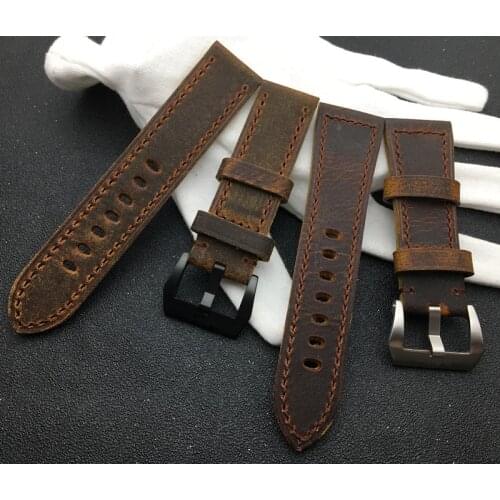22mm 24mm 26mm Retro crazy dark Brown handmade Genuine rough Leather watch band Watchband For PAM111/Panerai strap steel buckle