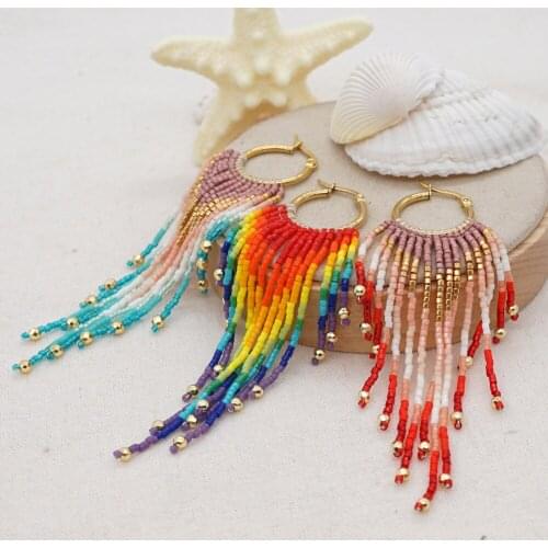 Miyuki Rice Bead Woven Rainbow Long Tassel Beaded Earrings Women Bohemian Earrings Charms for Earrings Pendant Earring Rainbow