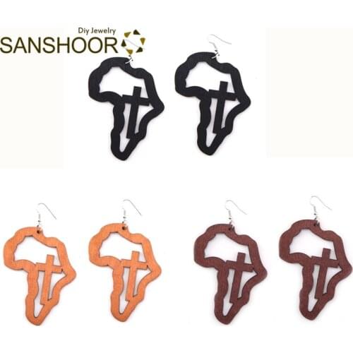 SANSHOOR African Motherland Map Wood Drop Earrings With Cross Inside Afrocentric Tribe Jewelry As Women Christmas Gift 6Pairs