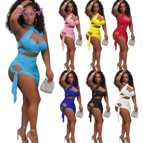 Women Summer Skirt Two Piece Set Solid V Neck Halter Bandage Crop Top Mini Skirt Suit Outfit Clubwear Matching Set Beach Dress