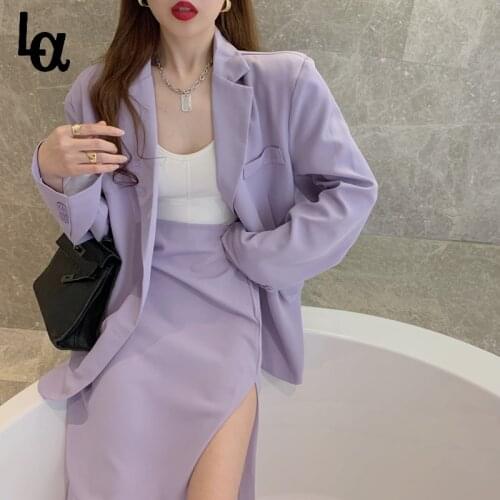 Luck A Spring Women Purple Skirt Purple Suit 2021 Elegant Single-breasted Suit Jacket Split Pencil Skirt Summer Lady Blazer Set