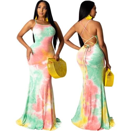 Adogirl Women Tie-Dye Printed Halter Maxi Long Dress Lace Up Open Back Stacked Mermaid Dress Floor Length Long Dress Vestido