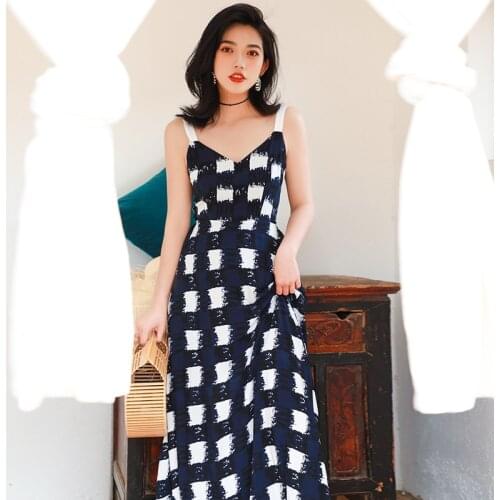 Women Plaid Backless Straps Dress Women Summer Vacation Sea Beach Maxi Sexy Sundress Female Vintage Slim Runway Korean Dress