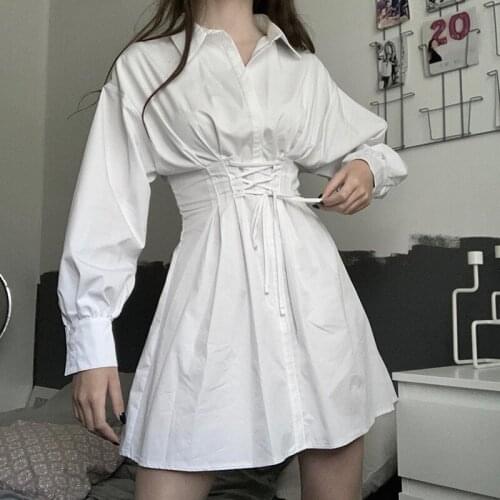 White Mini Dress Shirt Long Sleeve Ruffle Thin Bondage Belt Polo Neck Office Lady 2021 Summer New Casual Fairy Grunge Femme Robe