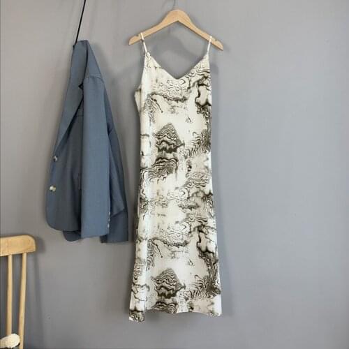 2020 Sleeveless Elegant Summer Long Vintage Print Strap V-Neck Women Chiffonl Dress Vestidos