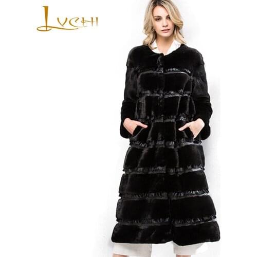 LVCHI Winter 2019 Womens Wave Cut Slim Mink Coat Natural Fur Long Sleeve X-Long Mink Coats Imported Crown Velvet Mink Fur Coat