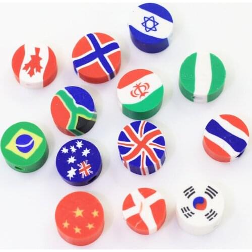 200/100pcs Wholesale 10mm Mixed Designs National Flag Polymer Clay Charm Spacer Beads For DIY Craft