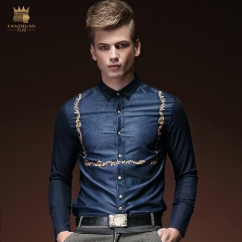 Free shipping New fashion casual male long-sleeve Mens Spring slim long sleeved men flower Satin shirt 15216 fanzhuan blouse
