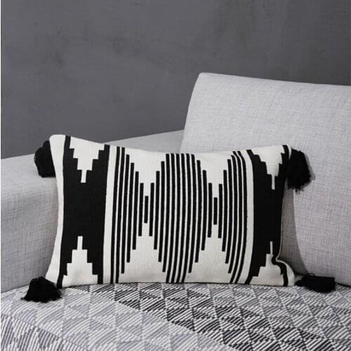 Black White Cotton Jacquard Cushion Cover 45x45cm/30x50cm Tassels Pillow Cover Sofa Bed Home Decoration PillowCase Sham