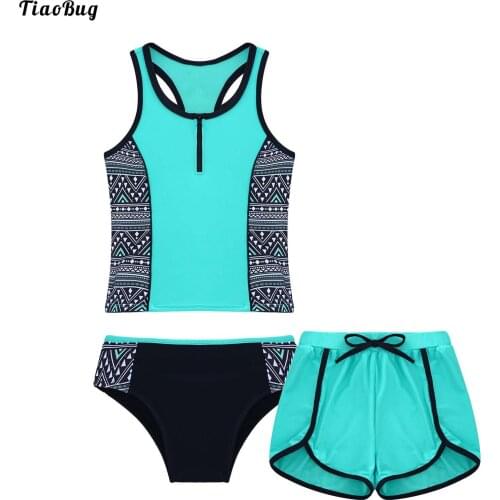 TiaoBug Summer 3Pcs Kids Girls Swimsuit Round Neck Sleeveless Racer Back Tops With Shorts And Briefs Set For Beach Pool Bathing