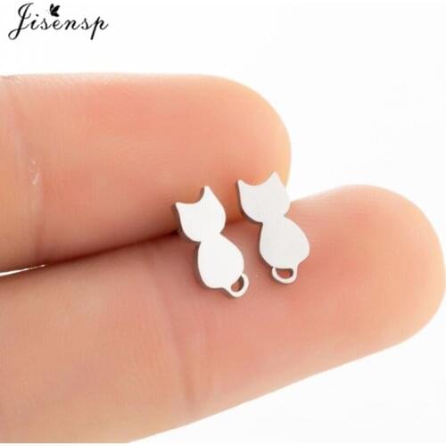Jisensp Korean Fashion Animal Stainless Steel Earrings Cartoon Lovely Cat Stud Earrings Statement Jewelry for Women Party Gift