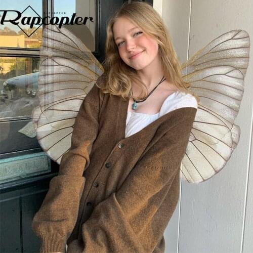 Rapcopter Brown Knitted Jackets y2k Fairy Grunge Loose Coat Long Sleeve Hoodies Outwear Retro Harajuku Casual Cute Jumpers Women