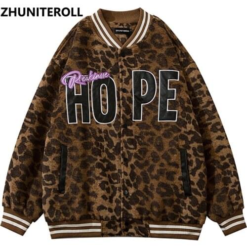 Embroidery Letter Harajuku Leopard Jacket Men Bomber Fashion Button Baseball Coats Streetwear High Street Black Tops Clothing