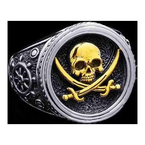 Punk Fashion Motorcycle Pirate Skull Two Color Ring Mens Ring Steam Gothic Motorcyclist Hip Hop Party Jewelry Size Us7-12