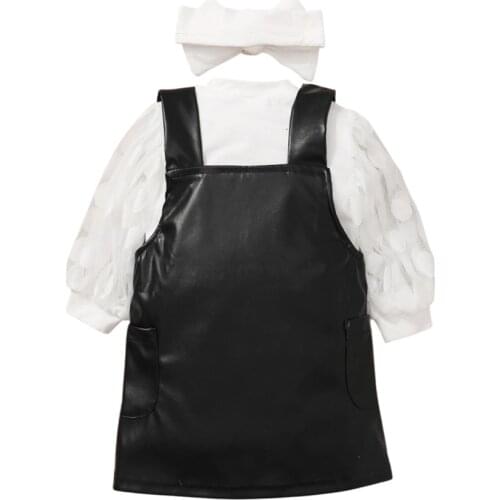 1-5Y Girls Fashion Autumn Clothing Sets Kids Mesh Dots Puff Sleeve T-shirts+PU Leather Suspender Dress+Headband Casual Outfits