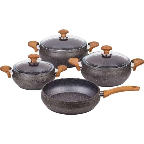 Cookware Set 4 piece Granite Stew Pot Grey Wooden Handle Made in Turkey
