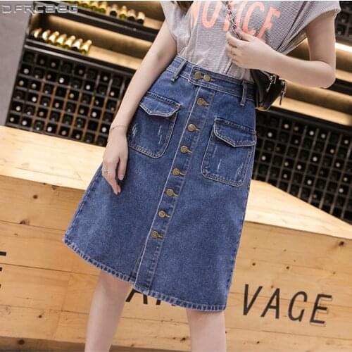 Casual Streetwear Plus Size Denim Skirt Women Summer A-line High Waist Saia Midi Single Button Scratched Ripped Jeans Jupe Femme