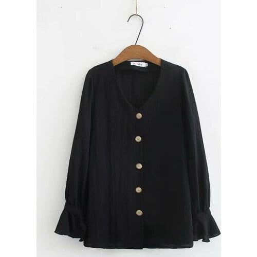 Plus Size Womens Long Sleeved Blouse Black Pink Plain Blusas Flare OL Tops