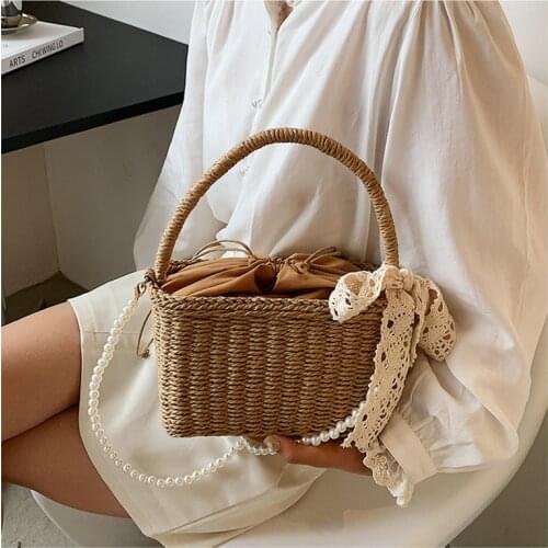 Females Woven Straw Fashion Shoulder Bag Pearl Chain With Bow Refreshing Crossbody Bags For Women Solid Color Ladys Handbags