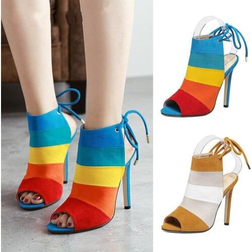 Women Sandals Pumps Summer Shoes Fashion Rainbow Mixed Color Flock 11.5cm High Heels Peep Toe Sexy Ladies Party Female Sandals