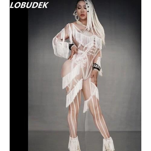 White Tassels Skinny Jumpsuit Bar Nightclub DJ Women Singer Dance Costume Elastic Fringes Bodysuit Sexy Performance Stage Wear